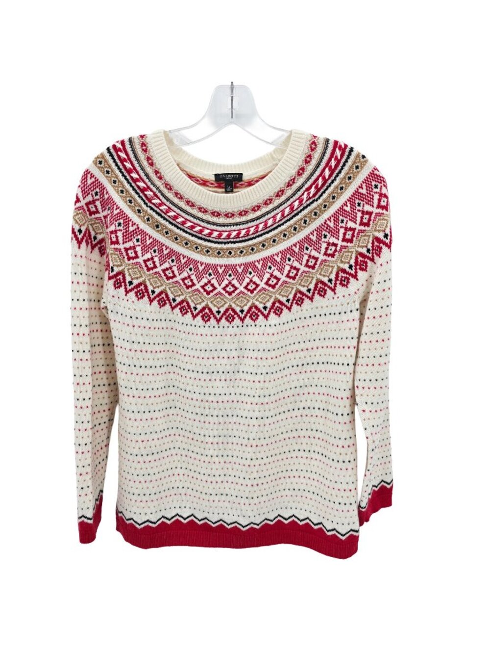 Talbots Sweater Women Large P White Red Fair Isle Wool Blend Pullover Nordic Top